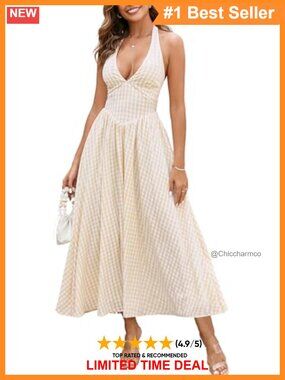 Gingham Halter Corset Midi Dress Smocked Backless